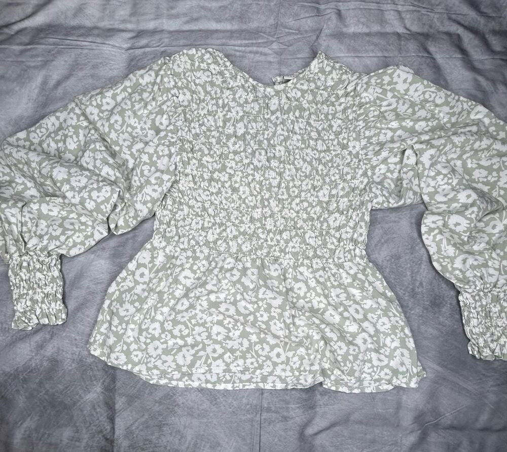 Women Top S Boho Y2K Hippie Prairie Green White Floral Smocking Coquette